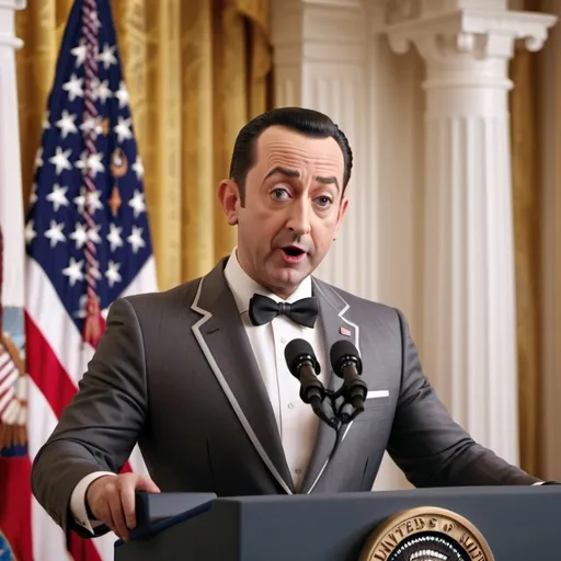 Prompt: PeeWee Herman as President of the United States stands at the lectern and gives a press conference at the White House. Photorealistic HD image, 4K image