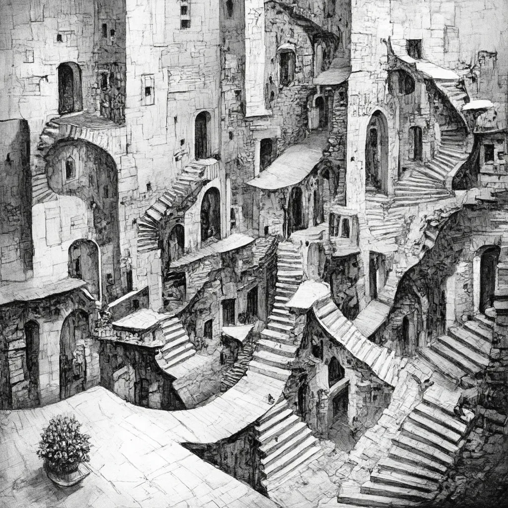 Prompt: A scene in the style of an MC Escher drawing, intricately designed staircases at impossible angles, surreal geometric shapes, mind-bending perspectives, intricate details with illusionary elements, visually captivating, monochromatic with high contrast, a whimsical and chaotic ambiance, ultra-detailed, featuring elements of infinity and transformation, evoking curiosity and wonder, highly imaginative scenery, reflecting the essence of optical illusions.