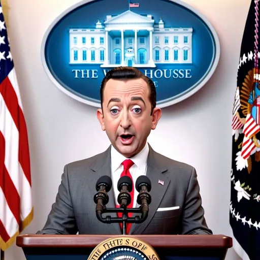 Prompt: PeeWee Herman as President of the United States stands at the lectern and gives a press conference at the White House. Photorealistic HD image, 4K image