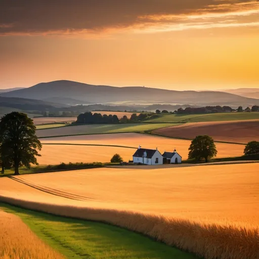 Prompt: distant hills, fairytale landscape, dreamlike landscape, open fields, warm sky, sunset, orange hues, red hues, deep blue, evening golden hour, fields of barley, harvester, harvest, Scotland, Scottish, Bennachie, distant house, far away, hazy, gorgeous sunset, evening, summertime, autumn, fall, evening, glowing sunset, rolling landscape, harvest time, photorealistic, gaussian, drone shot, 4K image, HD image, golden filter