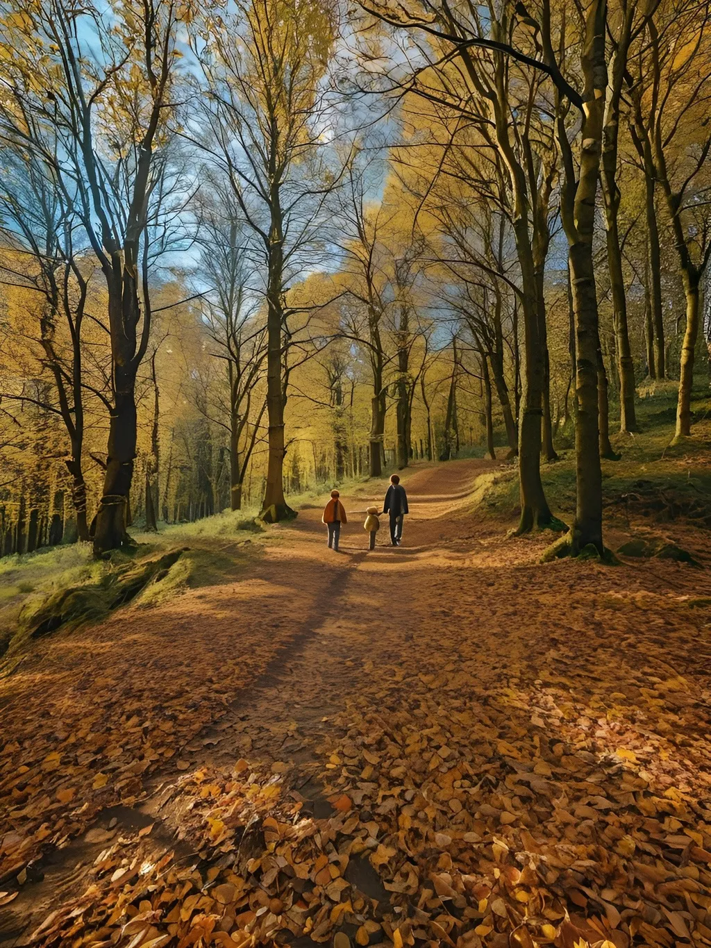 Prompt: Using the uploaded image as a template, create a realistic artistic illustration style image of a man and boy walking through the forest towards the camera. The man is holding the boy's hand. The boy is aged 11 years old. They are both dressed in casual clothes. It is autumn. Golden dappled light filters through the trees. The man and boy are distant from the camera, far away.