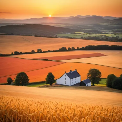 Prompt: distant hills, fairytale landscape, dreamlike landscape, open fields, warm sky, sunset, orange hues, red hues, deep blue, evening golden hour, fields of barley, harvester, harvest, Scotland, Scottish, Bennachie, distant house, far away, hazy, gorgeous sunset, evening, summertime, autumn, fall, evening, glowing sunset, rolling landscape, harvest time, photorealistic, gaussian, drone shot, 4K image, HD image, golden filter