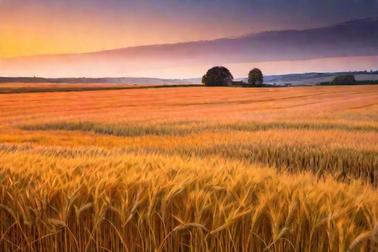 Prompt: dreamlike landscape, open fields, warm sky, sunset, orange hues, red hues, deep blue, golden hour, fields of barley, Scotland, Scottish, distant house, far away, hazy, gorgeous sunset, evening, summertime, autumn, fall, evening, glowing sunset, rolling landscape, harvest time, photorealistic, gaussian, taken on Canon 5D