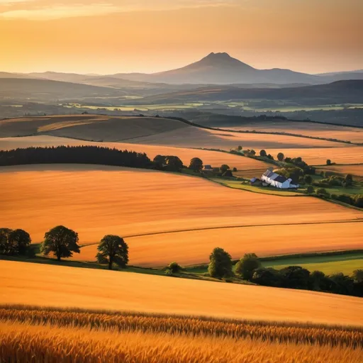 Prompt: distant hills, fairytale landscape, dreamlike landscape, open fields, warm sky, sunset, orange hues, red hues, deep blue, evening golden hour, fields of barley, harvester, harvest, Scotland, Scottish, Bennachie, distant house, far away, hazy, gorgeous sunset, evening, summertime, autumn, fall, evening, glowing sunset, rolling landscape, harvest time, photorealistic, gaussian, drone shot, 4K image, HD image, golden filter