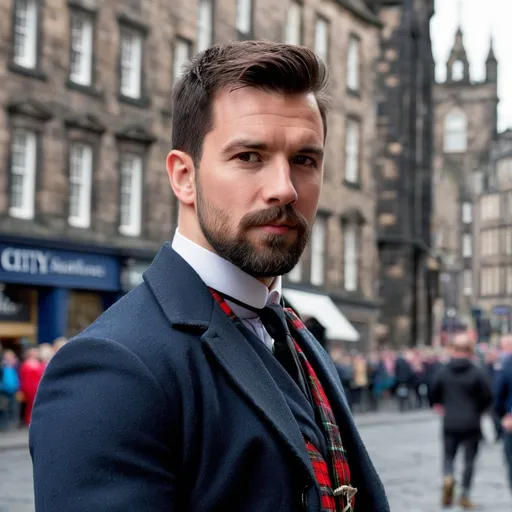 Prompt: Photorealistic, Scottish man, kilt, handsome, dark hair, rugged face, beautiful, strong chin, stubble, Scotland, tall, portrait, standing, tartan, city centre background, Edinburgh, Royal Mile, Scottish, traditional Scottish outfit, tourists, thistle, sharpened image, taken on Canon 5D, 4K image, HD image