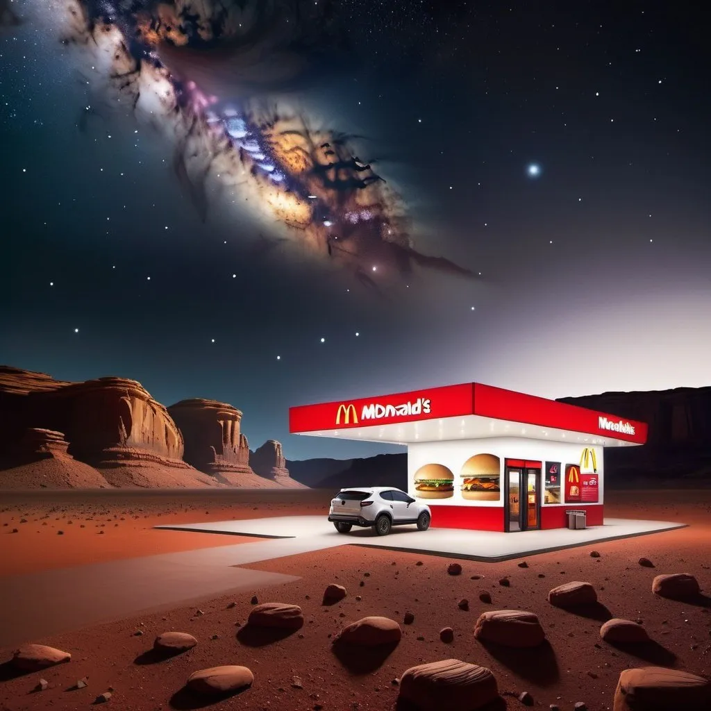Prompt: A Mcdonalds drive thru on Mars, Martian landscape, red rocks, dark sky, space, Mars, stars, Mcdonalds Happy Meal, Big Mac, drive thru restaurant, McDonalds, rocket, NASA, weird atmosphere, haunting, unsettling
