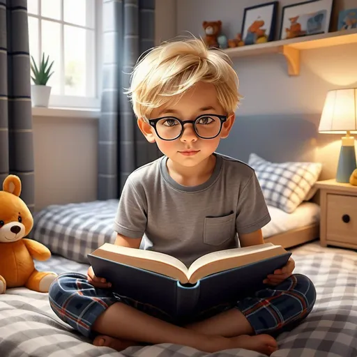 Prompt: young boy aged 10 years old, cute face, sitting on bed, casual style tartan pyjama bottoms, grey t-shirt, blonde hair, round glasses, reading a large book, warm subdued lighting, background interior child's bedroom, toys on floor, cosy, cozy, warm, notalgic, ambient, illustration style, artistic style