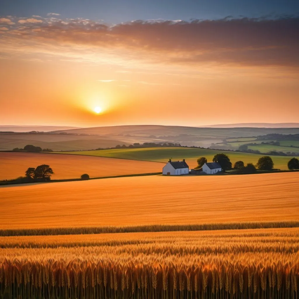 Prompt: dreamlike landscape, open fields, warm sky, sunset, orange hues, deep blue, fields of wheat, Scotland, Scottish, distant house, light smoke from chimey, far away, hazy, gorgeous sunset, evening, summertime, evening, glowing sunset, rolling landscape, harvest time, photorealistic, gaussian, taken on Canon 5D