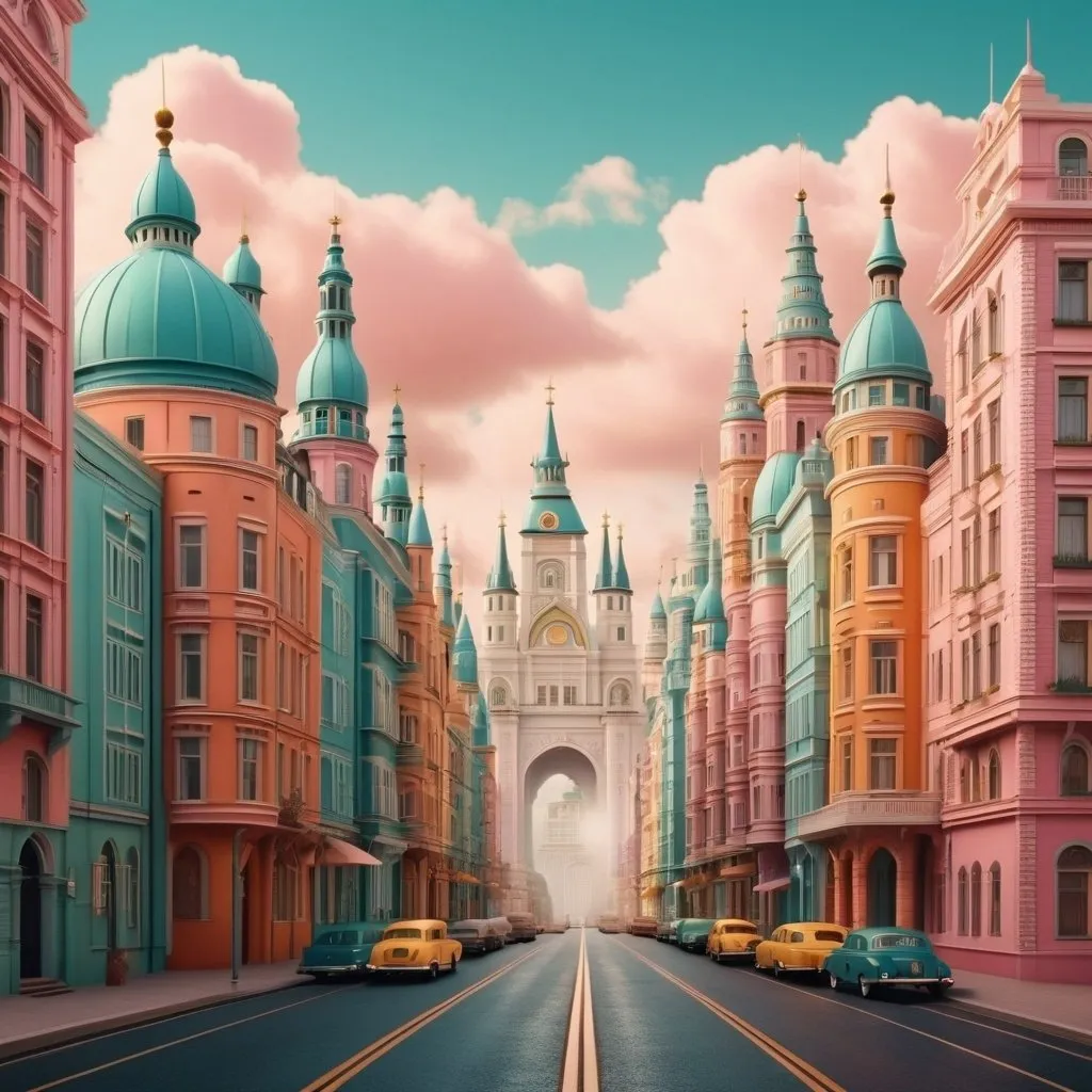 Prompt: A fantasy cityscape in the style of a Wes Anderson film. Symmetry. Photorealistic