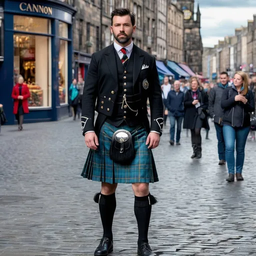 Prompt: Photorealistic, Scottish man, kilt, handsome, dark hair, rugged face, beautiful, strong chin, stubble, Scotland, tall, full portrait, standing, image shows full body, tartan, city centre background, Edinburgh, Royal Mile, Scottish, traditional Scottish outfit, tourists, thistle, sharpened image, taken on Canon 5D, 4K image, HD image