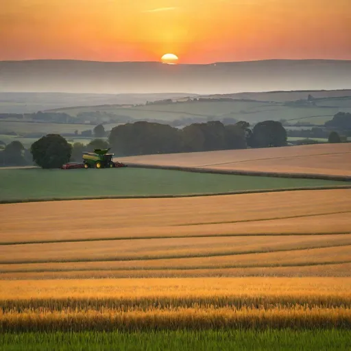 Prompt: dreamlike landscape, open fields, warm sky, sunset, orange hues, red hues, deep blue, golden hour, fields of barley, combine harvester, john deere, john deere 955 combine harvester, harvest, Scotland, Scottish, distant house, far away, hazy, gorgeous sunset, evening, summertime, autumn, fall, evening, glowing sunset, rolling landscape, harvest time, photorealistic, gaussian, taken on Canon 5D