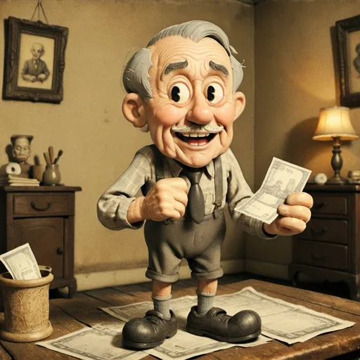 Prompt: (very old man holding a check for $1), ancient yet lively, detailed wrinkles and grey hair, emotion of surprise and mild amusement, cluttered vintage room, faded Polaroid photos and old trinkets adorning the background, diffused warm light, sepia tones, the atmosphere of nostalgia, high detail visible in man's expression and surroundings, photorealistic, ultra-detailed, 4K resolution.