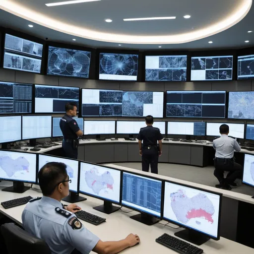 Prompt: A group of Singapore Police Force police officers is seen in a modern command center, surrounded by multiple computer screens displaying various types of data. One officer is prominently shown sitting at a desk, intently analyzing information on a large monitor. The monitor displays complex data visualizations, such as graphs, heat maps, and statistical charts, indicating the use of advanced data analytics. Other officers are engaged in discussions, pointing at different screens filled with real-time data feeds, maps of Singapore, and surveillance footage. The room is well-lit with a backdrop of high-tech equipment, emphasizing the sophisticated technology employed by the police force.