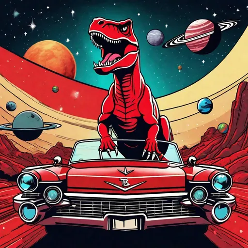 Prompt: A cool T-Rex wearing Ray-Ban Sunglasses,
sitting in a red cadillac,
flying through the space,
with planets,
comic style, 4k, high definition,