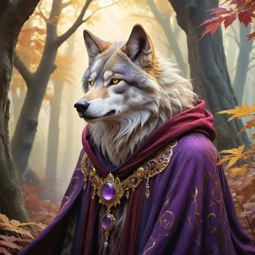 Prompt: Majestic anthropomorphic Wolf, regal stance, vibrant purple fur ears, piercing golden eyes, intricate patterns on fur, flowing crimson cloak, ornate golden accessories, mystical forest background, ancient ruins peeking through trees, ethereal glow, magical atmosphere, fantasy realm, digital painting, detailed fur texture, dynamic pose, warm and enchanting color palette, dappled sunlight filtering through leaves, by Brian Froud and Yoshitaka Amano, Artstation. 