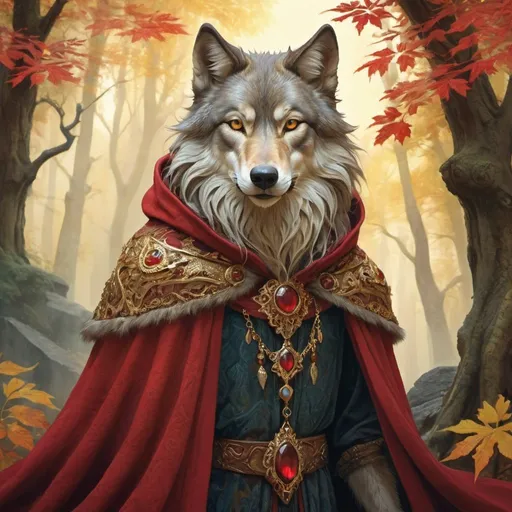 Prompt: Majestic anthropomorphic Wolf, regal stance, vibrant red fur, piercing golden eyes, intricate patterns on fur, flowing crimson cloak, ornate golden accessories, mystical forest background, ancient ruins peeking through trees, ethereal glow, magical atmosphere, fantasy realm, digital painting, detailed fur texture, dynamic pose, warm and enchanting color palette, dappled sunlight filtering through leaves, by Brian Froud and Yoshitaka Amano, Artstation. 