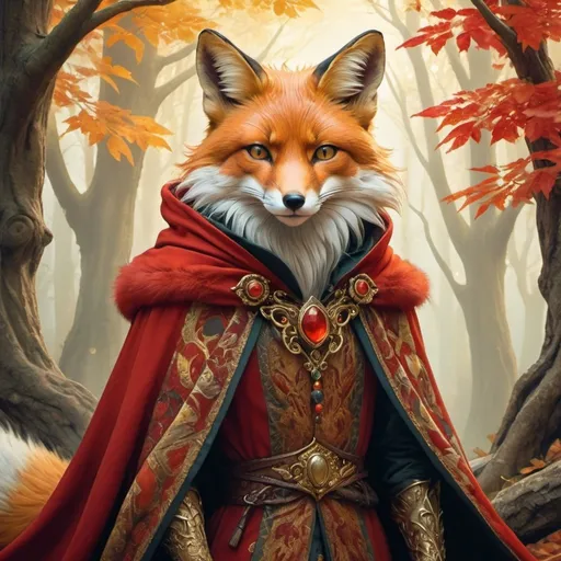 Prompt: Majestic anthropomorphic fox, regal stance, vibrant red fur, piercing golden eyes, intricate patterns on fur, flowing crimson cloak, ornate golden accessories, mystical forest background, ancient ruins peeking through trees, ethereal glow, magical atmosphere, fantasy realm, digital painting, detailed fur texture, dynamic pose, warm and enchanting color palette, dappled sunlight filtering through leaves, by Brian Froud and Yoshitaka Amano, Artstation. 