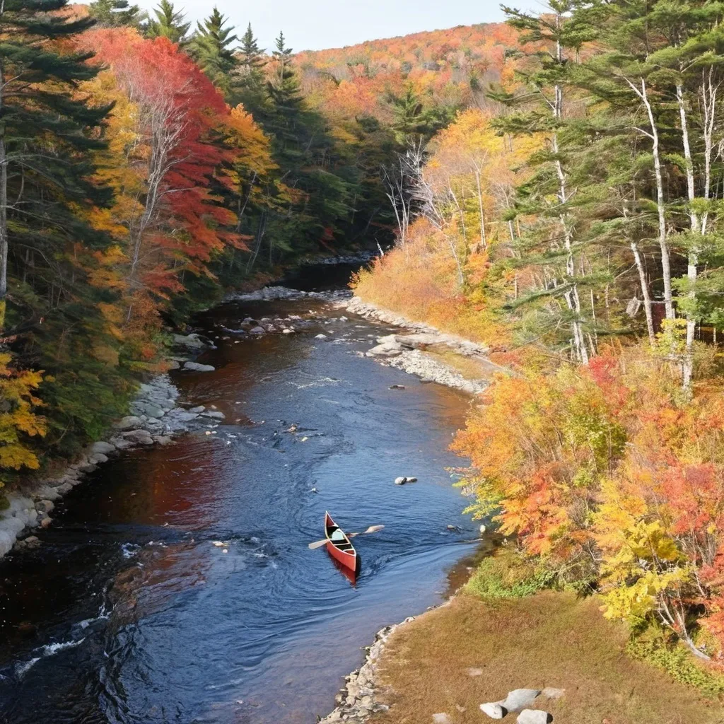 Prompt: stream in maine in the fall with canoe on beach






