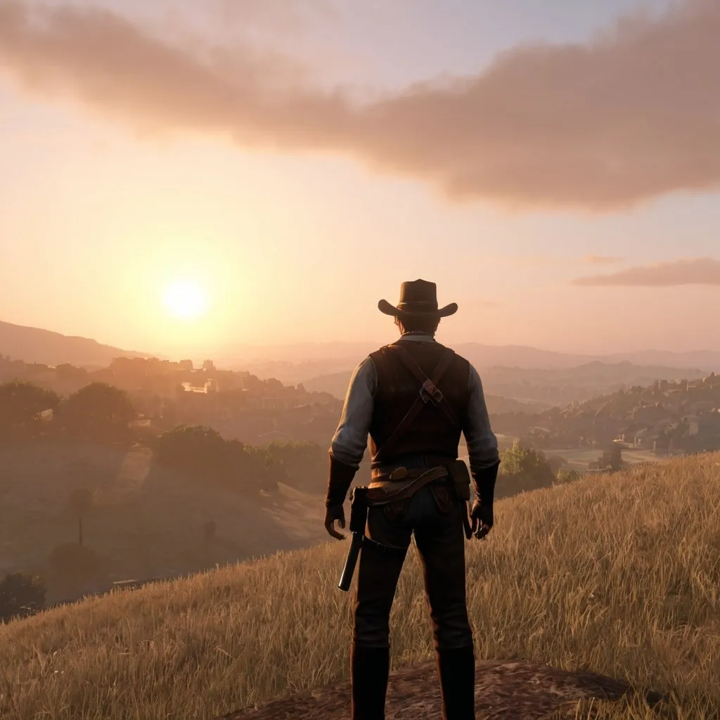 Prompt: Arthur Morgan en tenue héroïque, debout sur une colline avec un coucher de soleil épique en arrière-plan, prêt à affronter ses ennemis.