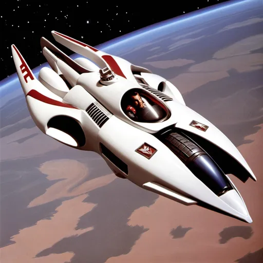 Prompt: Buck Rogers flying in his battlestar galactica viper mark IV
