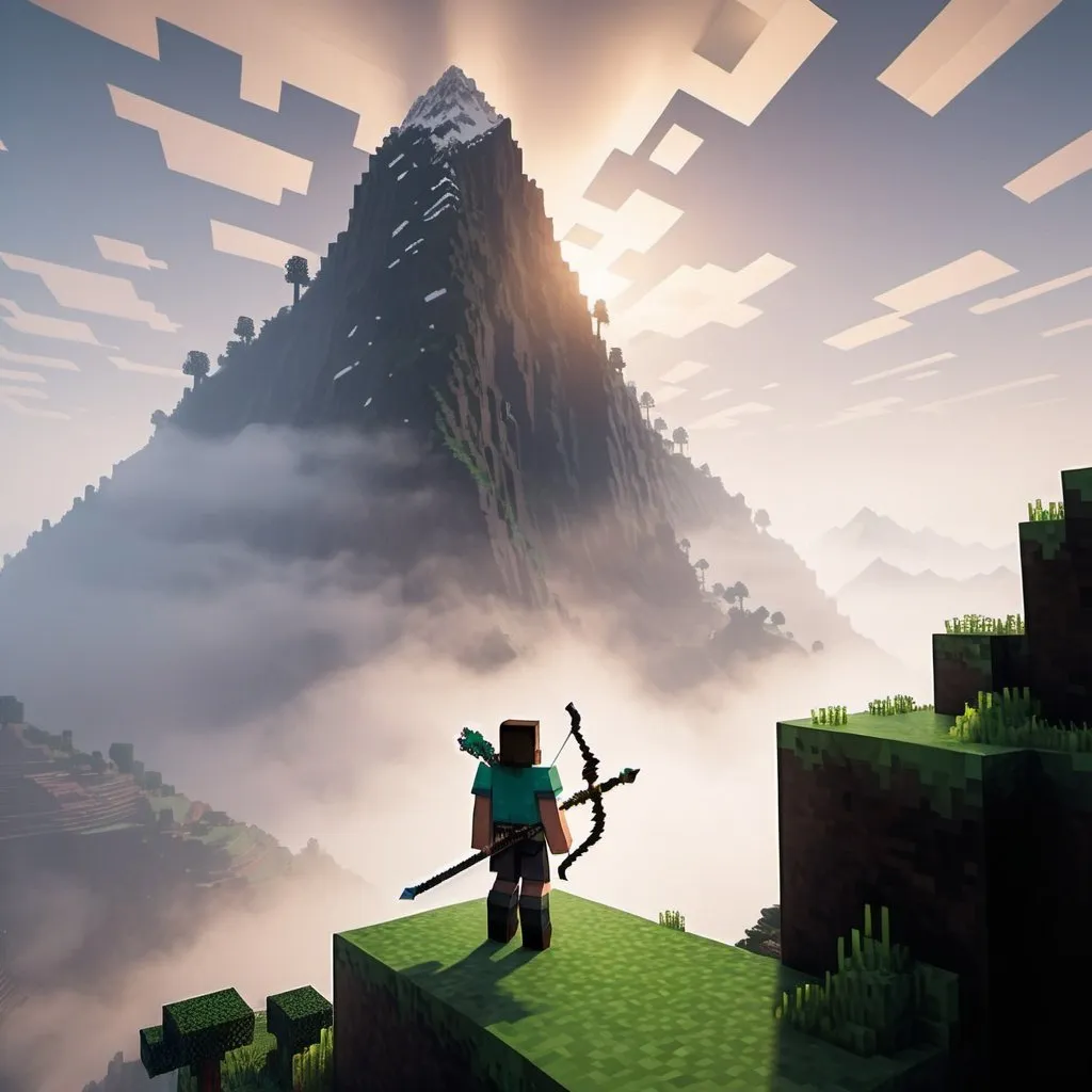 Prompt: A Minecraft player facing a silhouette of a huge mountain through fog, he carries a sword in his right hand, he has a bow on his back and a quiver hanging from his waist next to a sheith