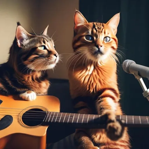 Prompt: A cat recording a song after he caught his girlfriend cheating on him
