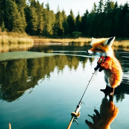 Prompt: A fox with a bucket hat fishing on the edge of a clear pond