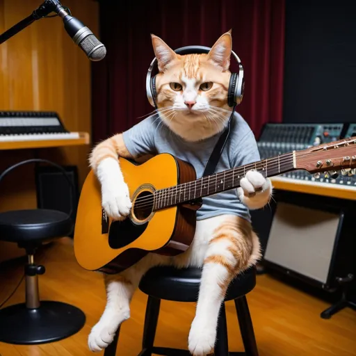 Prompt: A cat strumming at a guitar, on a stool in a recording studio, wearing a headset, recording his latest hit