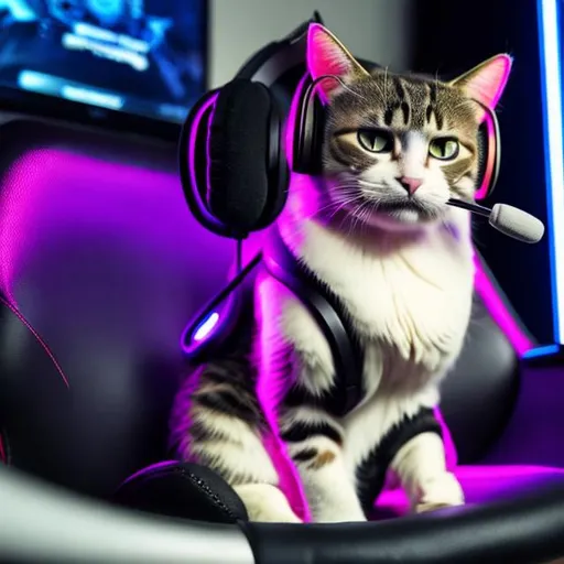 Prompt: A cat with a gaming headset sitting in a gaming seat at a desk