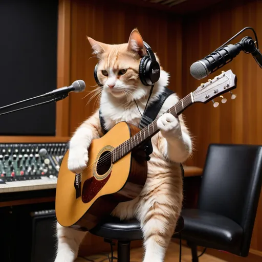 Prompt: A cat strumming at a guitar, on a stool in a recording studio, wearing a headset, recording his latest hit