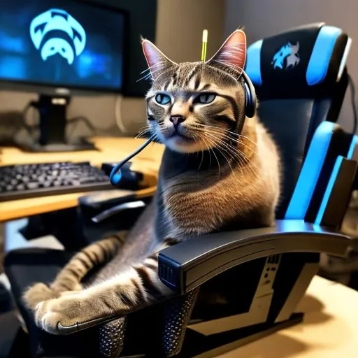 Prompt: A cat with a gaming headset sitting in a gaming seat at a desk, filming a Twitch stream