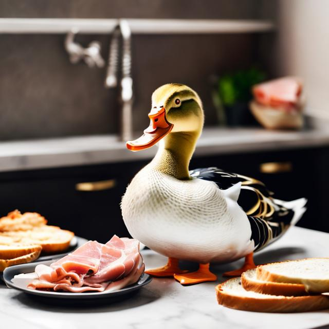 Prompt: A duck sitting at a counter eating a ham sandwich and a water