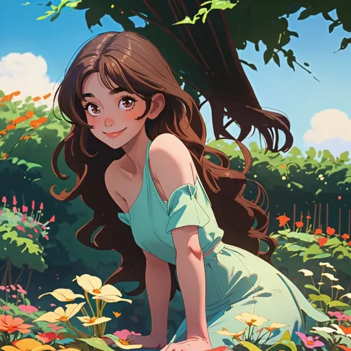 Prompt: pretty young woman with brown wavy shoulder-length hair, shy smile, in a garden, bright summer weather, close up shot