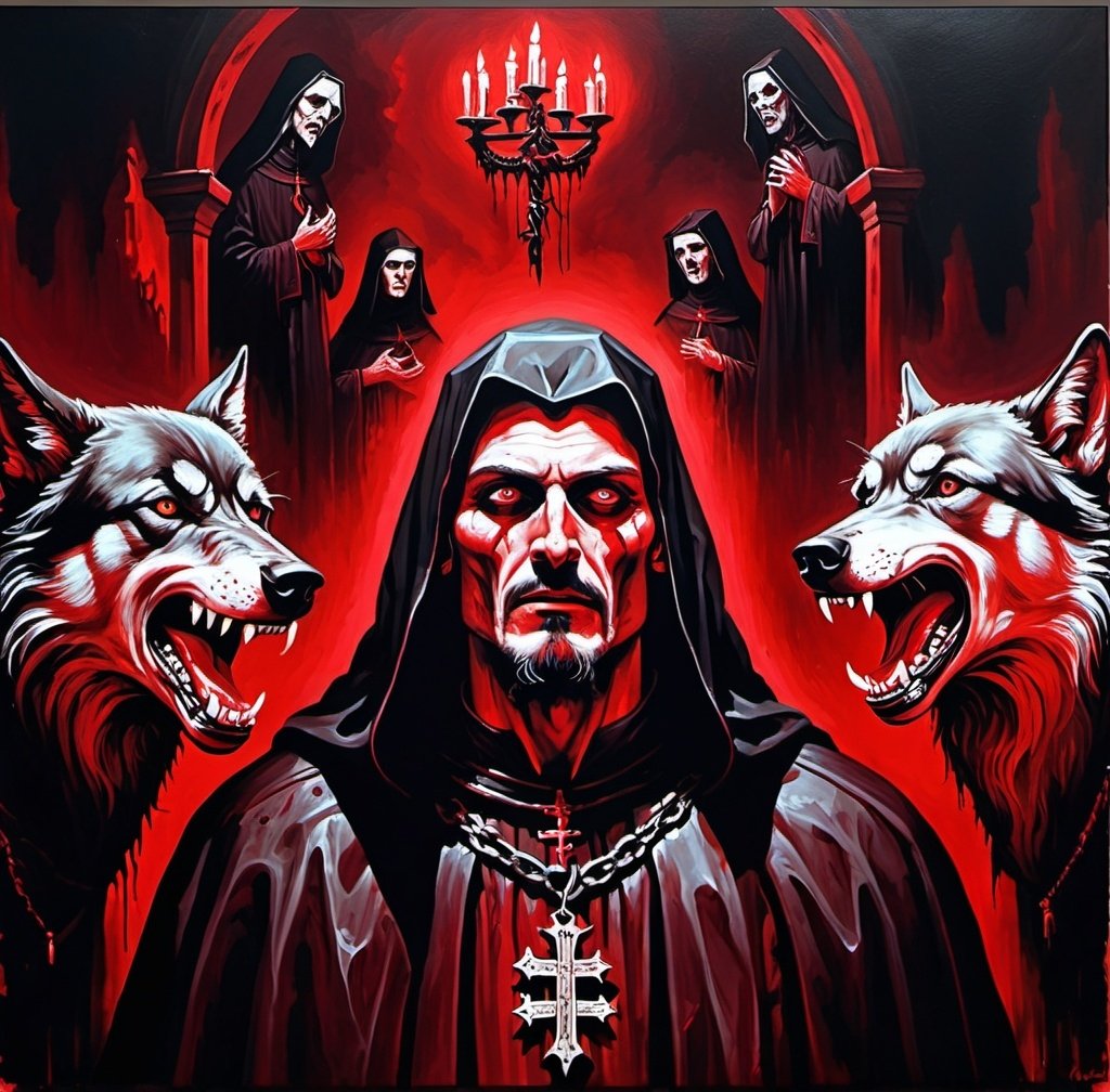 Prompt: Vlad the Impaler with wolves covered in blood, nuns being hanged, dark and eerie atmosphere, blood-red color tones, macabre painting, detailed facial expressions, horror, gothic, high contrast lighting, high quality, oil painting, intense and menacing gaze, haunting atmosphere
