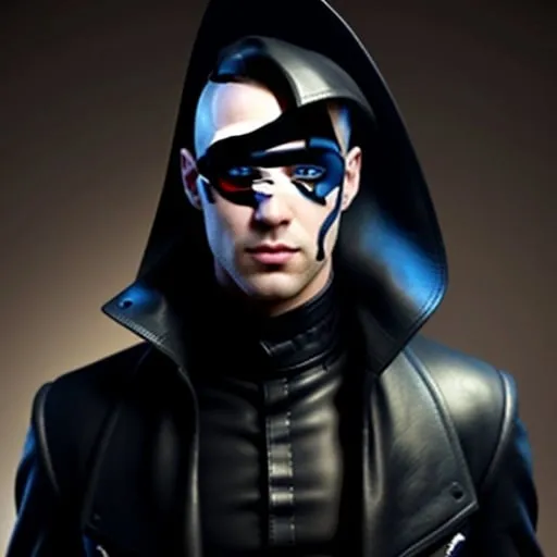 Prompt: a white male bald, clean shaven face, high pointed nose, blue eyes, wearing a black-dress-leather-jacket.