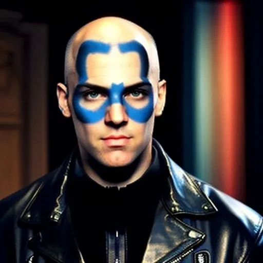 Prompt: a white male bald, clean shaven face, high pointed nose, blue eyes, wearing a black-dress-leather-jacket.