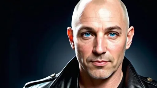 Prompt: a white male bald, 50 years of age, clean shaven face, high pointed nose, blue eyes, wearing a black-dress-leather-jacket.