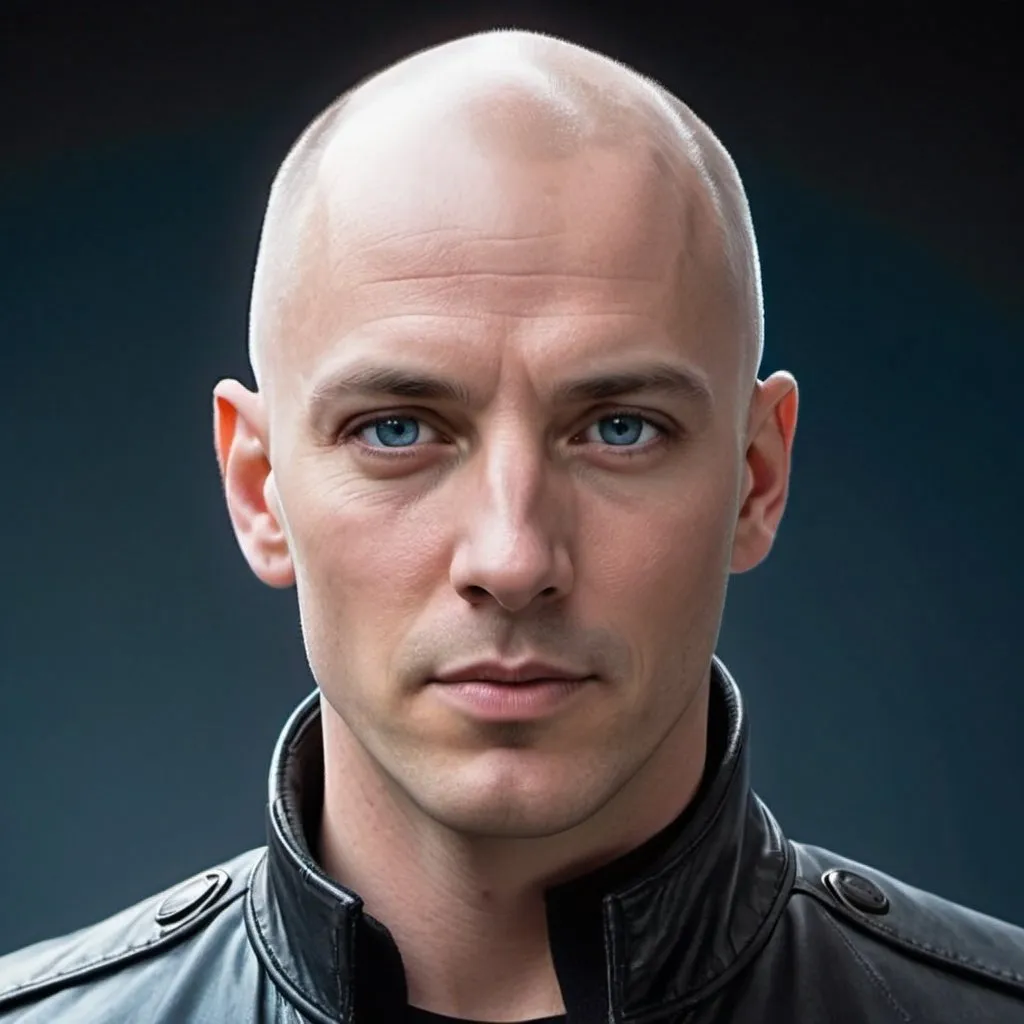 Prompt: a white male bald, clean shaven face, high pointed nose, blue eyes, wearing a black-dress-leather-jacket.