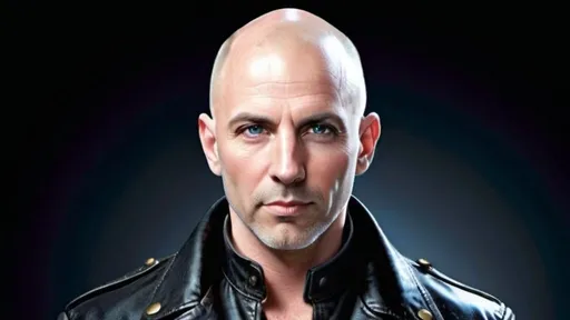 Prompt: a white male bald, 50 years of age, clean shaven face, high pointed nose, blue eyes, wearing a black-dress-leather-jacket.