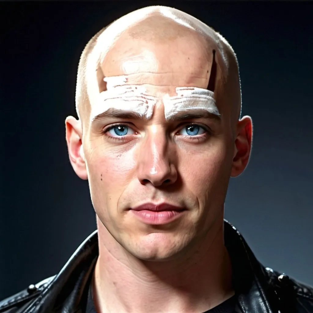 Prompt: a white male bald, clean shaven face, high pointed nose, blue eyes, wearing a black-dress-leather-jacket.