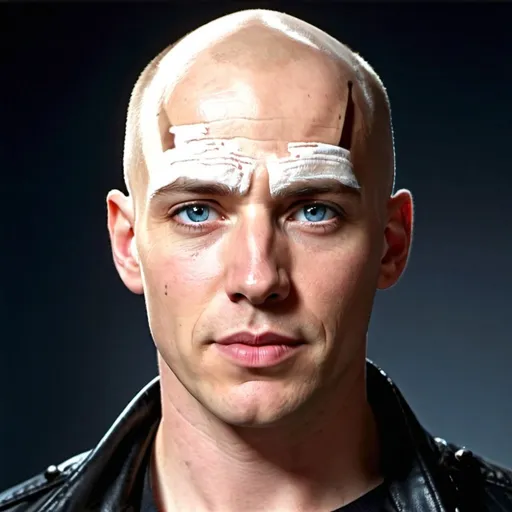 Prompt: a white male bald, clean shaven face, high pointed nose, blue eyes, wearing a black-dress-leather-jacket.