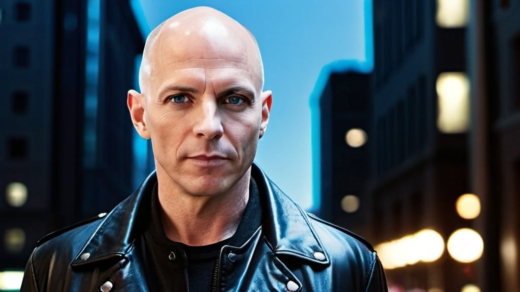 Prompt: a white male bald, 50 years of age, clean shaven face, high pointed nose, blue eyes, wearing a black-dress-leather-jacket.