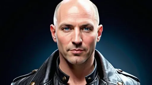 Prompt: a white male bald, 50 years of age, clean shaven face, high pointed nose, blue eyes, wearing a black-dress-leather-jacket.