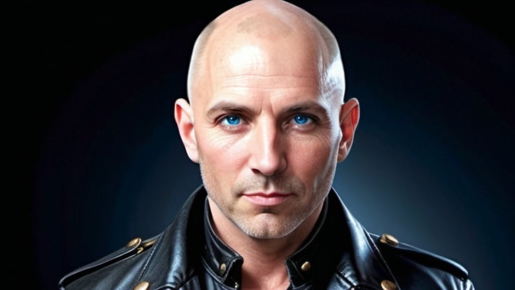 Prompt: a white male bald, 50 years of age, clean shaven face, high pointed nose, blue eyes, wearing a black-dress-leather-jacket.