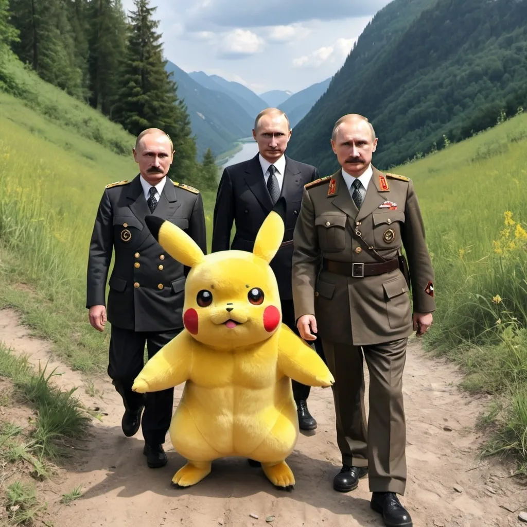 Prompt: hitler, pikachu and putin are on hiking