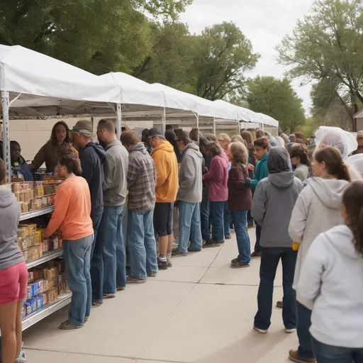 Prompt: Create a scene of people in line at a food pantry. I want to see what the pantry itself looks like, the immediate neighborhood around it and the people in line, as well as the people serving.