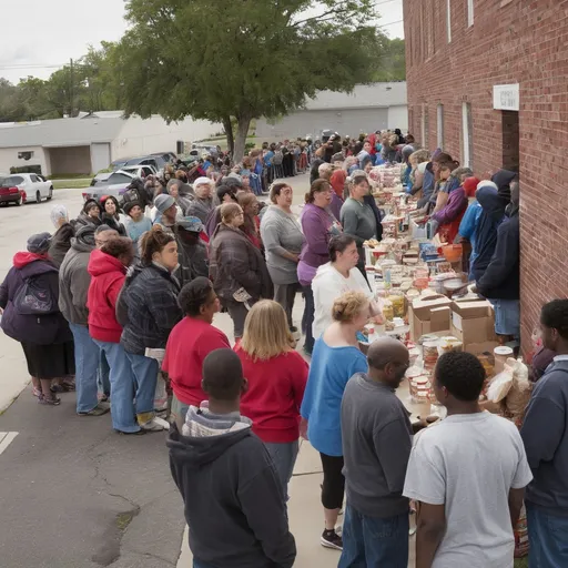 Prompt: Create a scene of people in line at a food pantry. I want to see what the pantry itself looks like, the immediate neighborhood around it and the people in line, as well as the people serving.