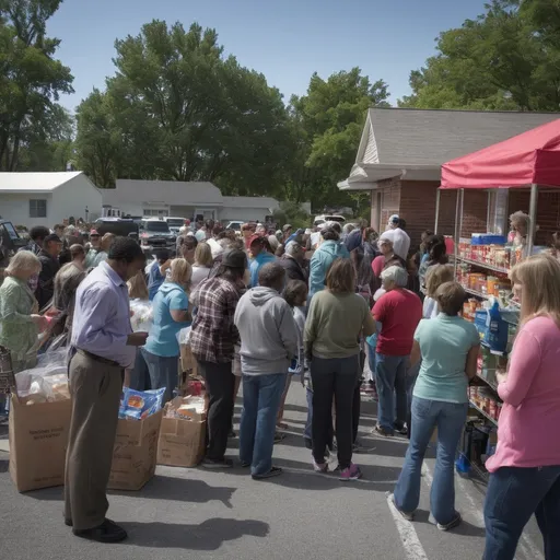 Prompt: Create a scene of people in line at a food pantry. I want to see what the pantry itself looks like, the immediate neighborhood around it and the people in line, as well as the people serving. Give me a very good view of the people and the area.