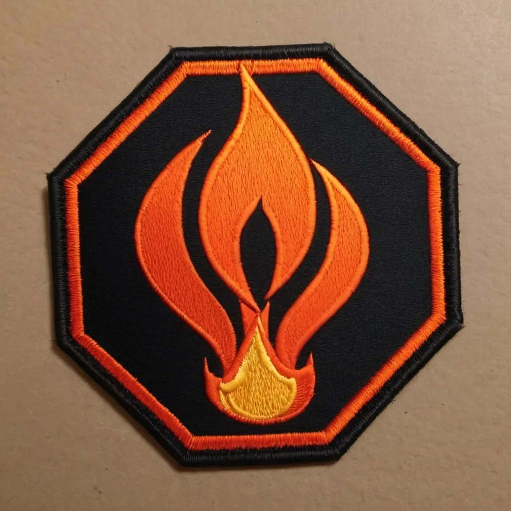 Prompt: I need a patch that is octagon shape.  The background is a red orange, black flame with capital letter C and F transcribed on top of the fire