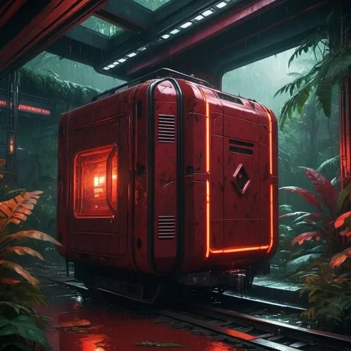 Prompt: realism style cube, (warm color scheme), lush rain forest background, (cyberpunk train station) on the left, (dark red crimson hell area) on the right, dramatic lighting, immersive depth, intricate details in foliage, vibrant atmosphere, contrasting settings, high quality 4K resolution, captivating composition with striking contrasts.